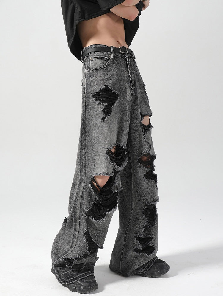 Extreme Distressed Wide-Leg Jeans mry001737