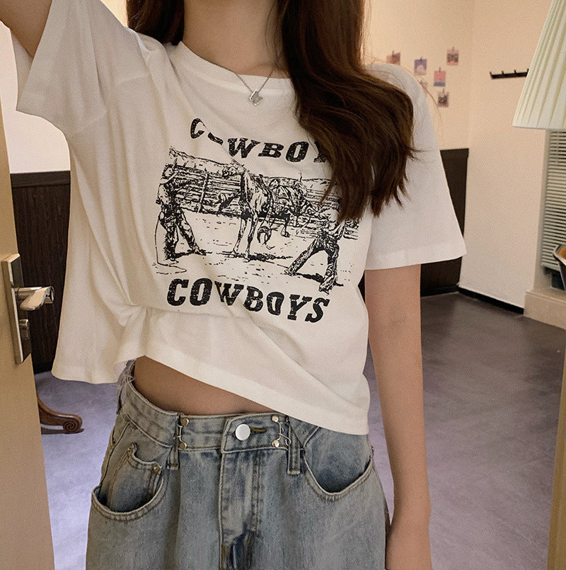 レトロプリント　デザインガール　スリム半袖Tシャツ　mry000089