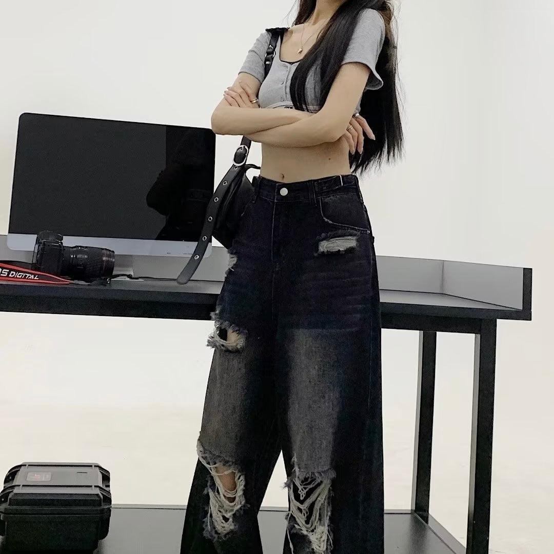 【送料無料】2023SS アッシュ ワイド ビンテージ ストレート ハイウエスト デニムパンツ ユニセックス 韓国ストリート 韓国カジュアル　mry000876
