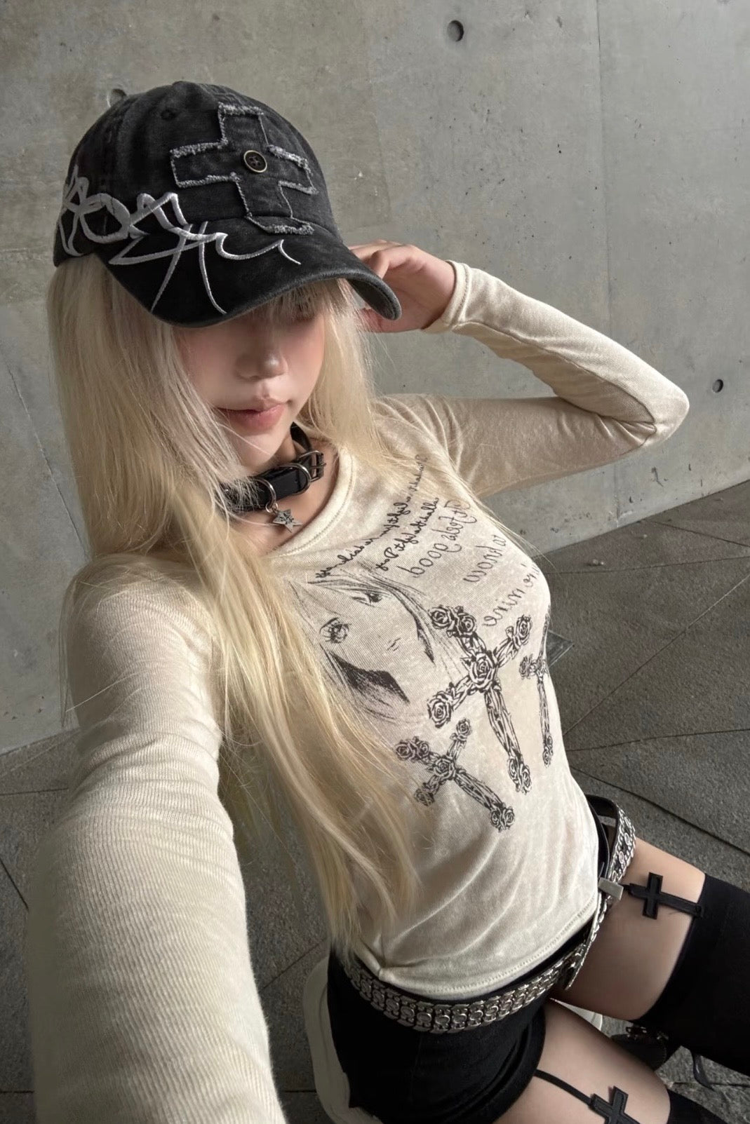 【トップス】クロスプリントロングTシャツ mry002328