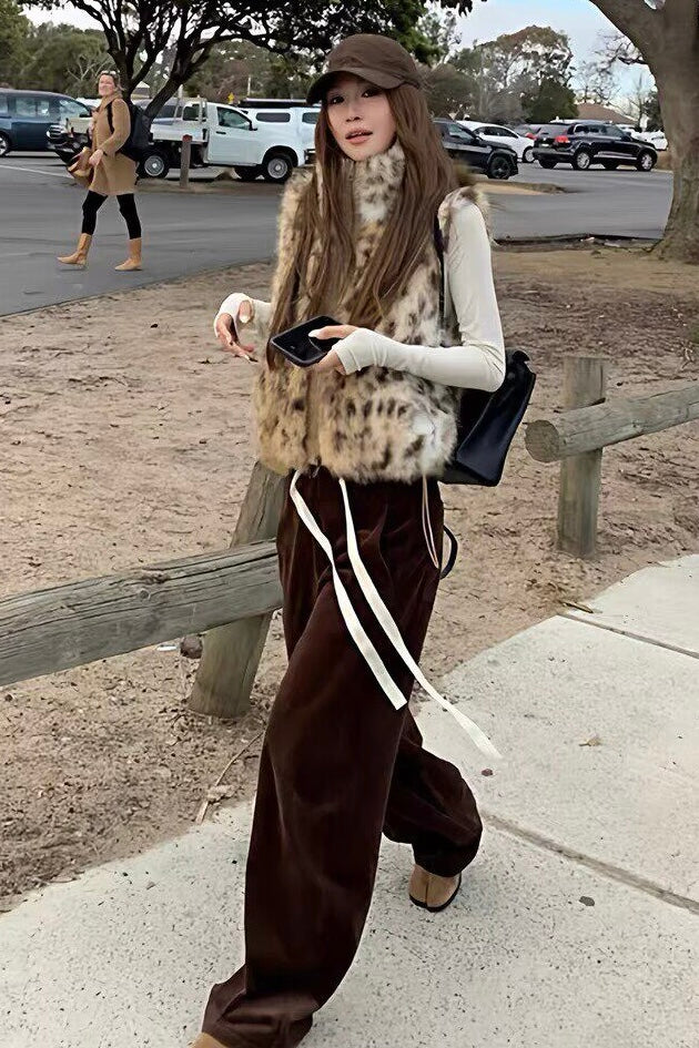 Leopard Faux Fur Zip Vest mry002217