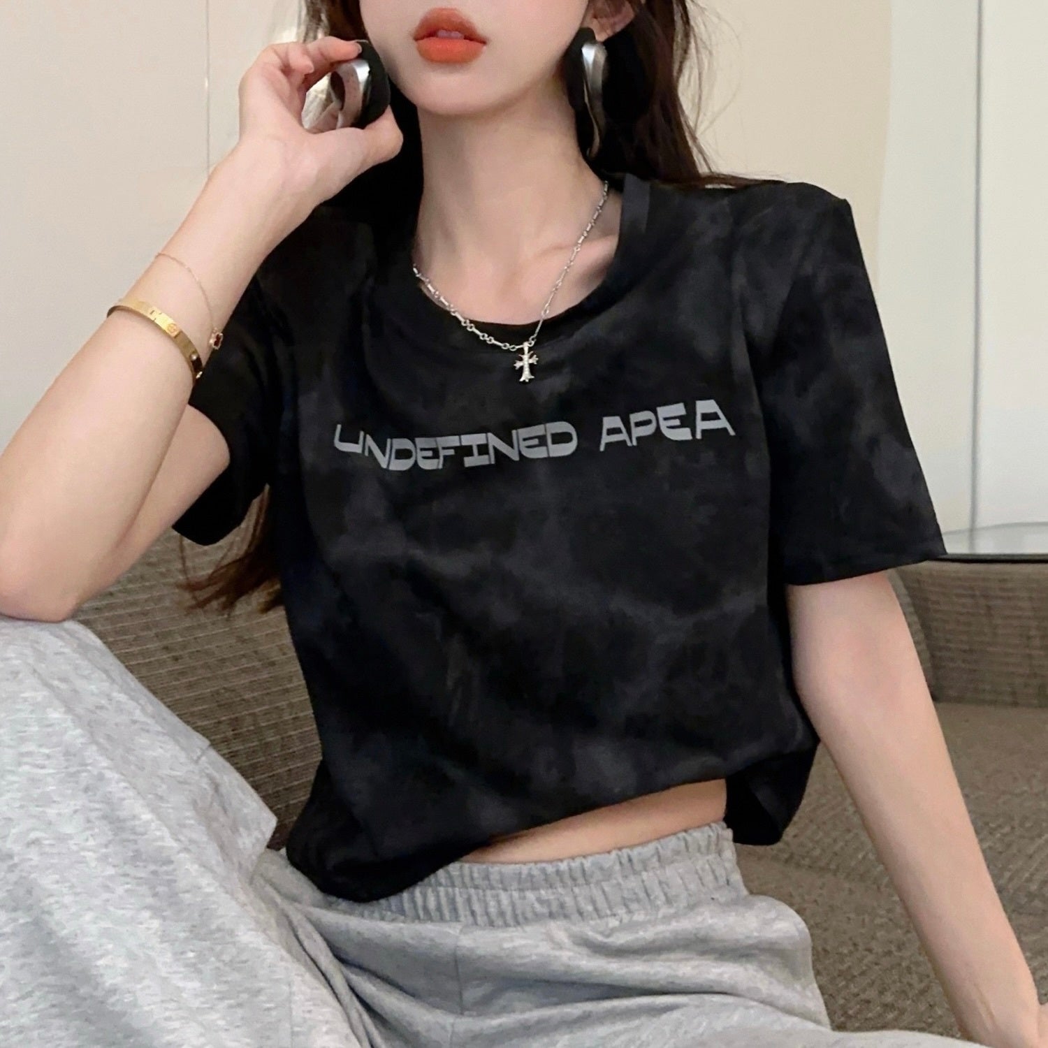 ２カラー展開 2023SS タイダイ柄 クロップド丈 レタリング 半袖 Tシャツ 韓国ストリート 韓国カジュアル　mry000840
