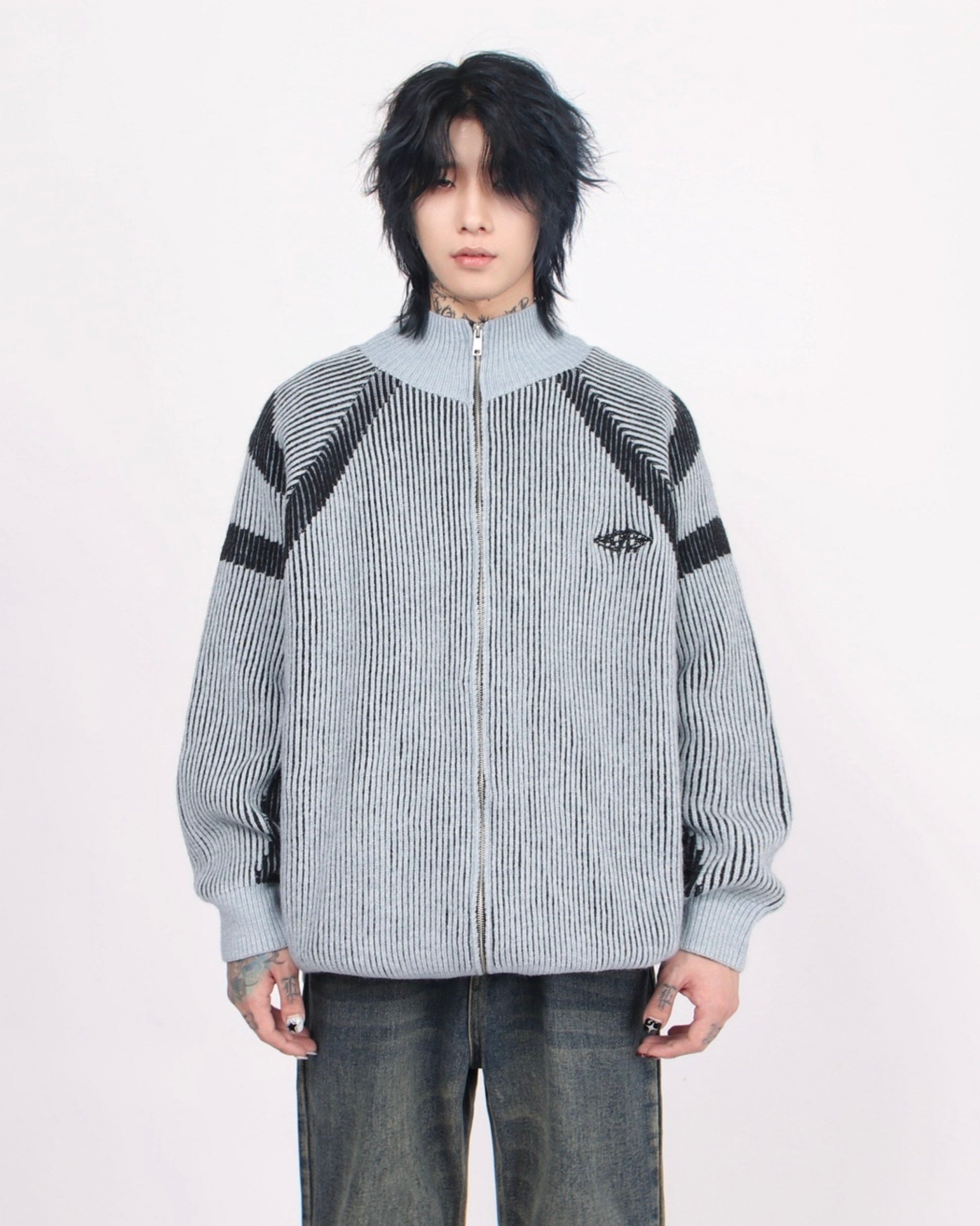 【評価★4.8以上／Tops】Two-Tone Stripe Zip Knit Cardigan mry001918