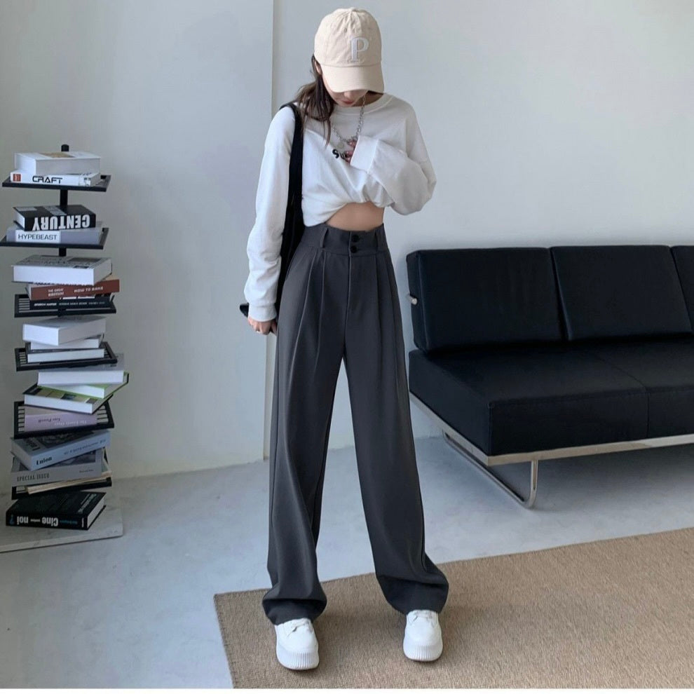 グレーストレートレッグパンツ　高品質　mry000012