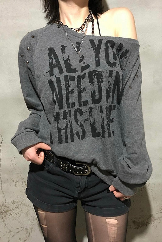 Distressed Graphic Off-Shoulder Top mry002273