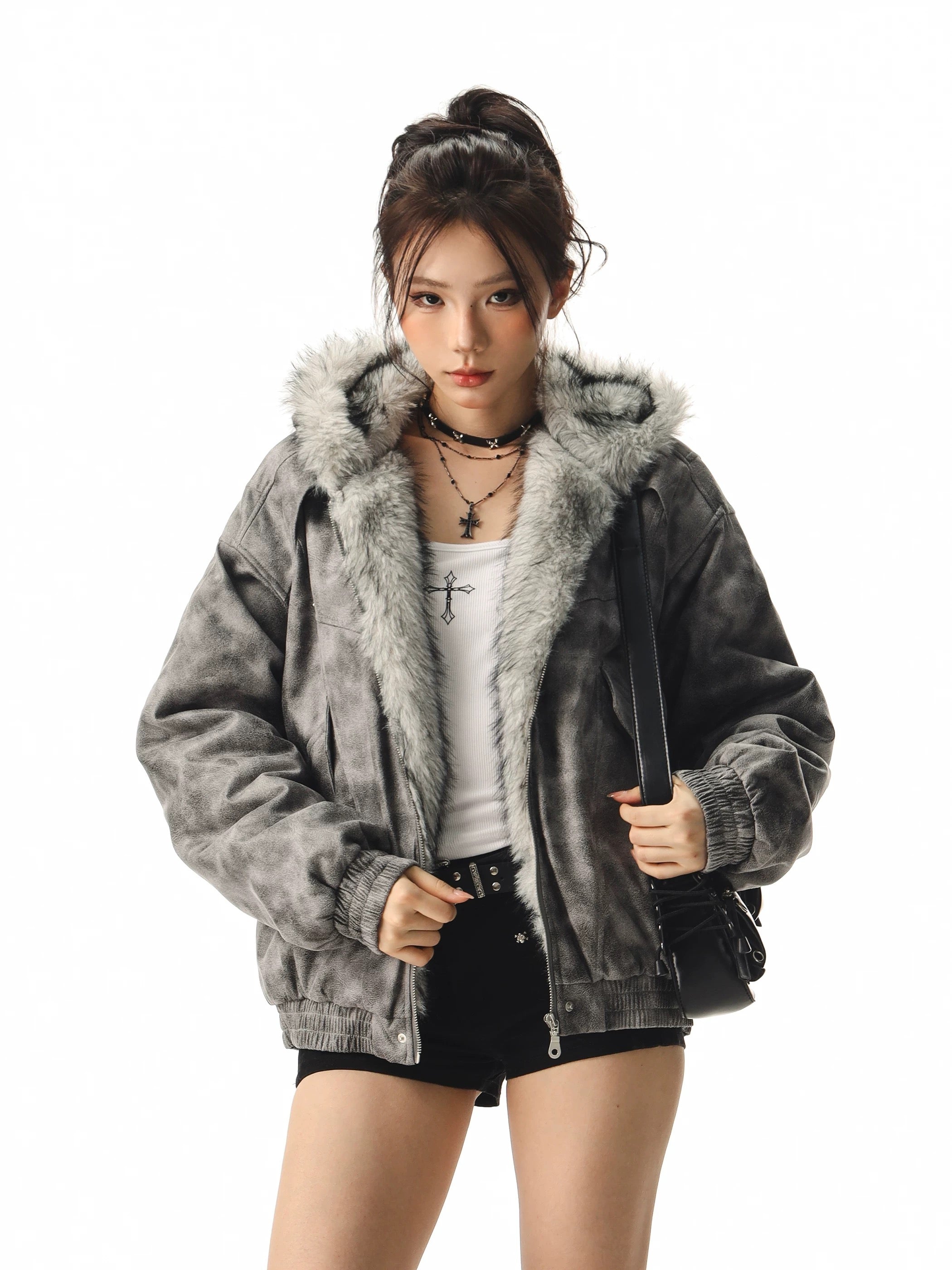 【評価★4.8以上】Vintage Washed Faux Fur Hooded Jacket mry001945