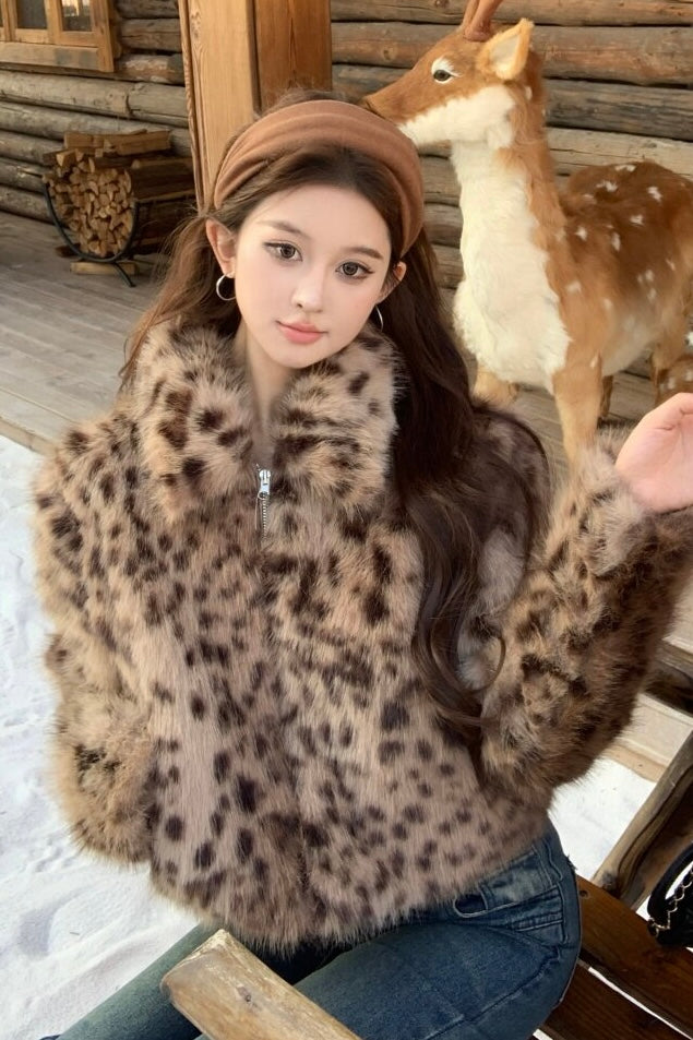 Merry9 レオパードファージャケット Leopard Faux Fur Zip Jacket mry002202