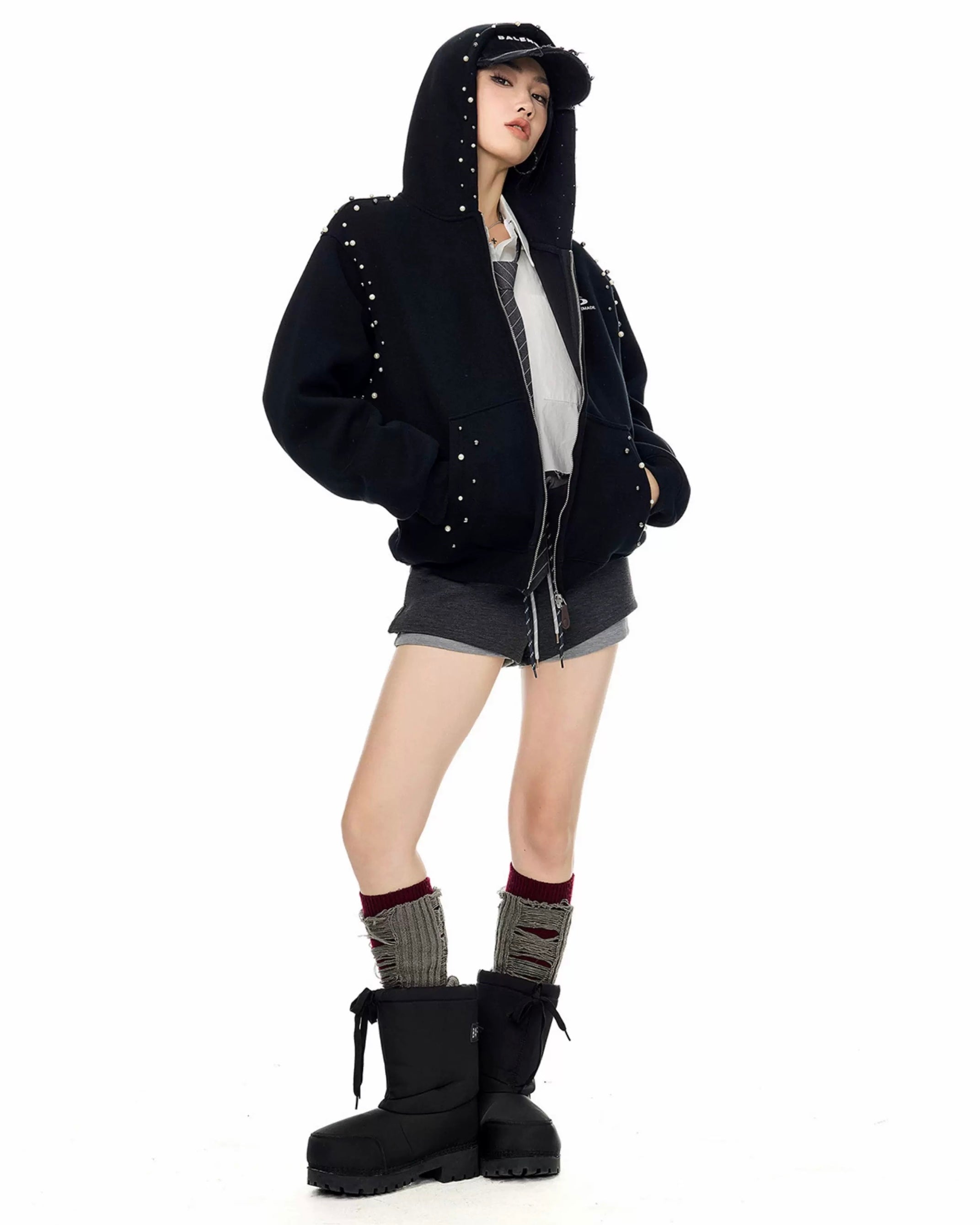 【Tops】Pearl Studded Oversized Zip Hoodie mry001895