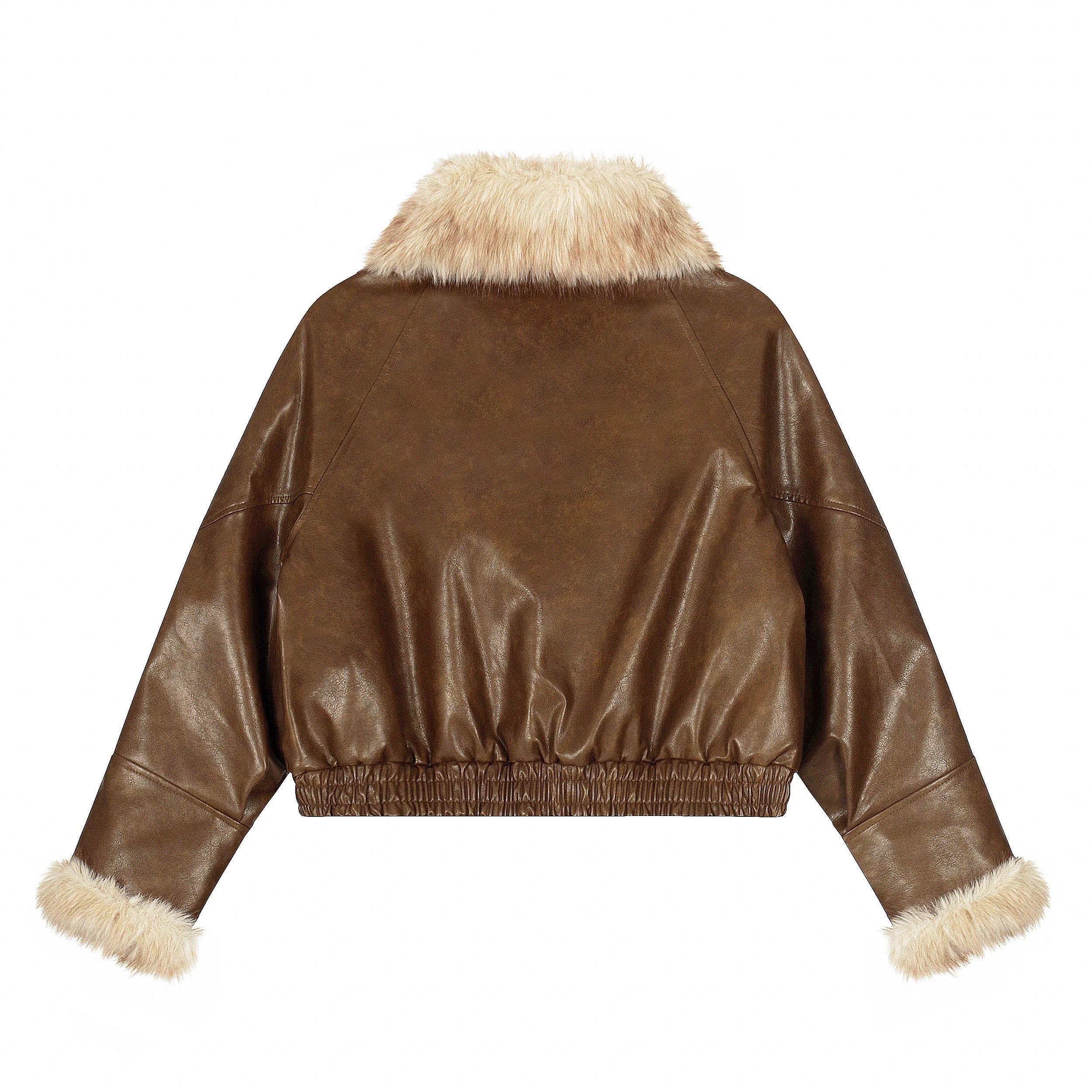Faux Leather Fur-Trim Short Jacket mry002011