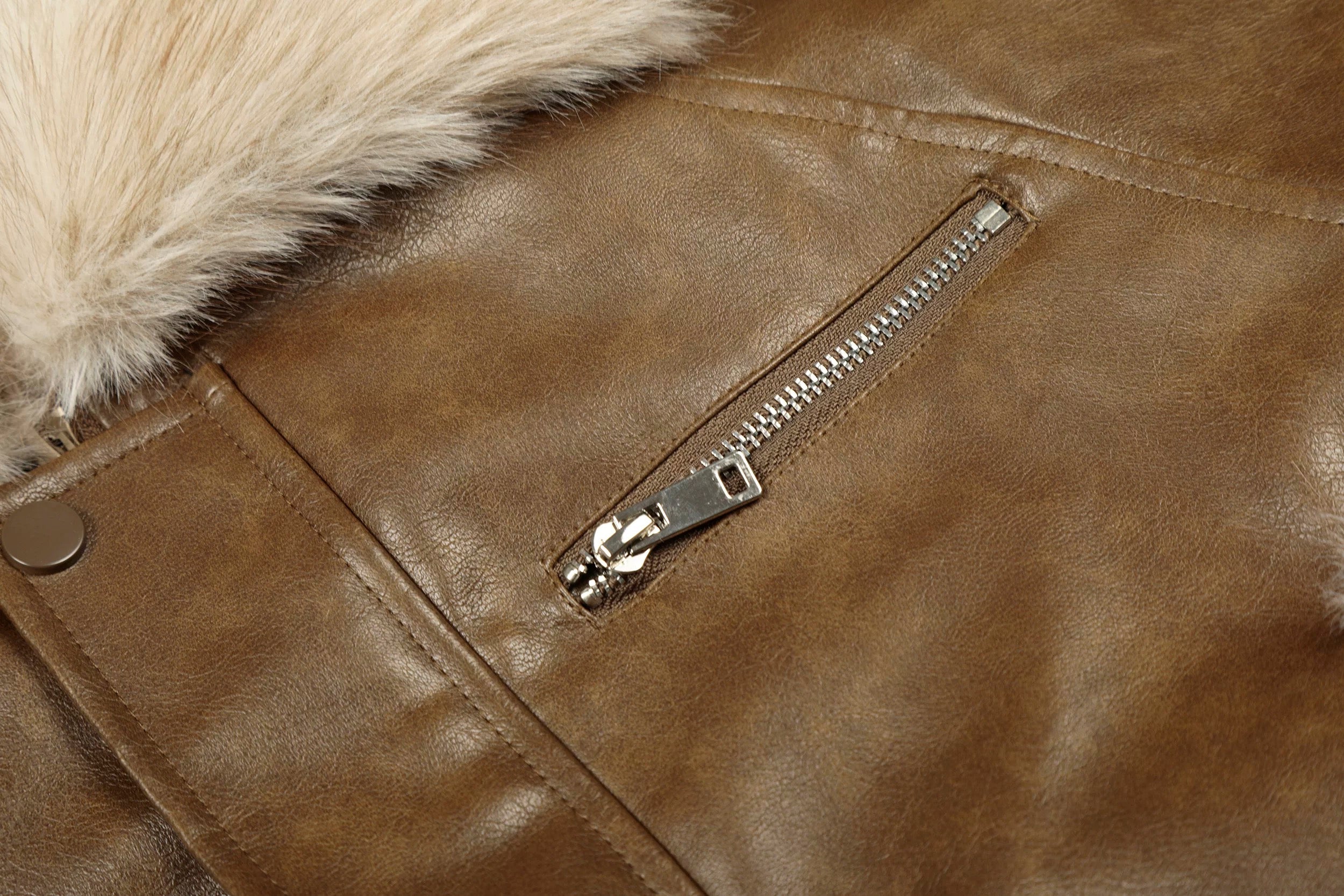 Faux Leather Fur-Trim Short Jacket mry002011