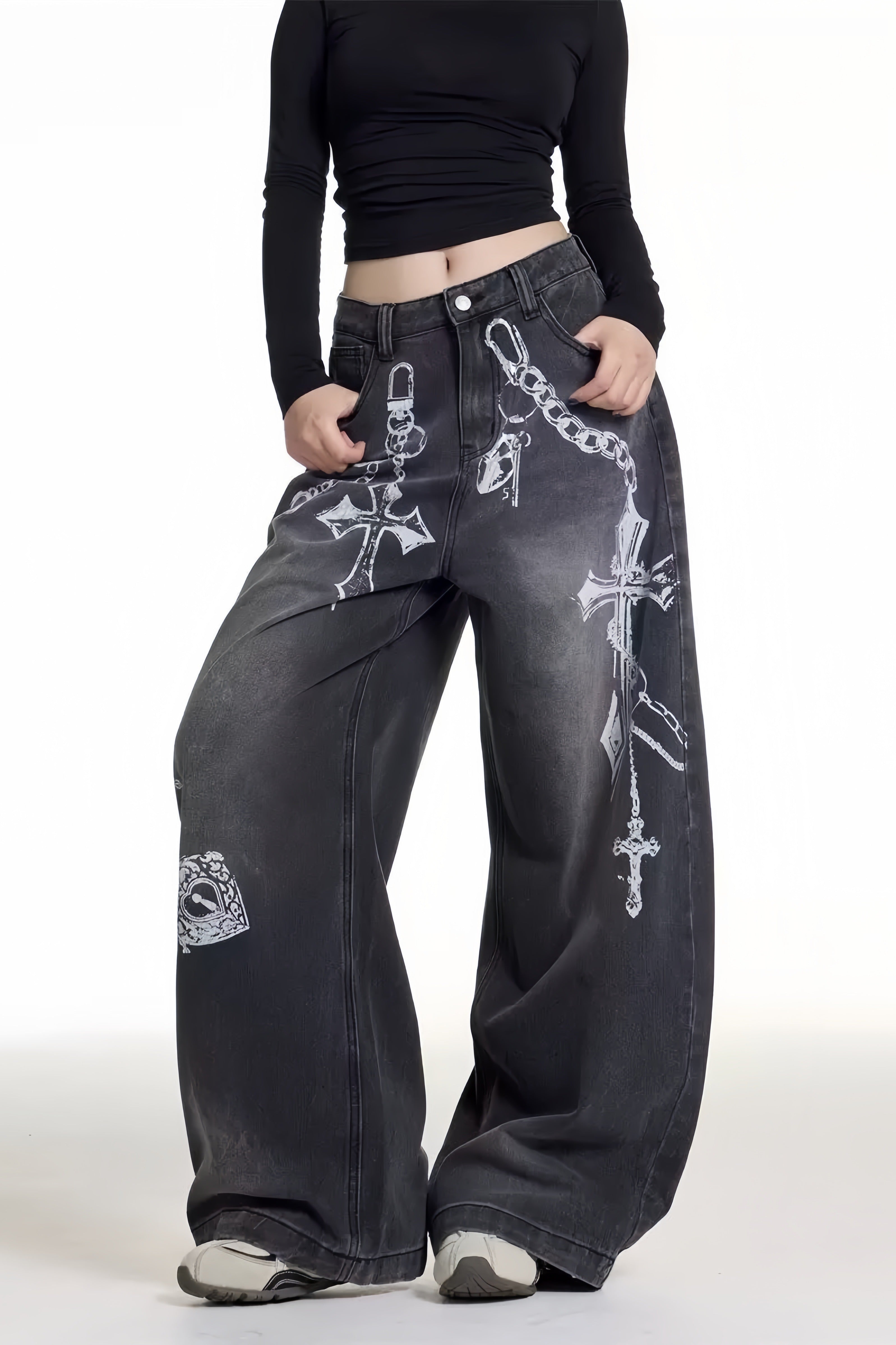 【ボトムス】クロスチェーングラフィックワイドデニムパンツ mry002367