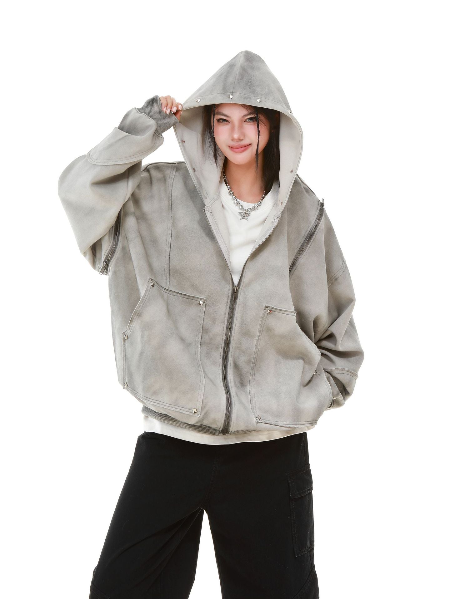 【評価★4.8以上】Vintage Washed Studded Overfit Hoodie Jacket mry001943