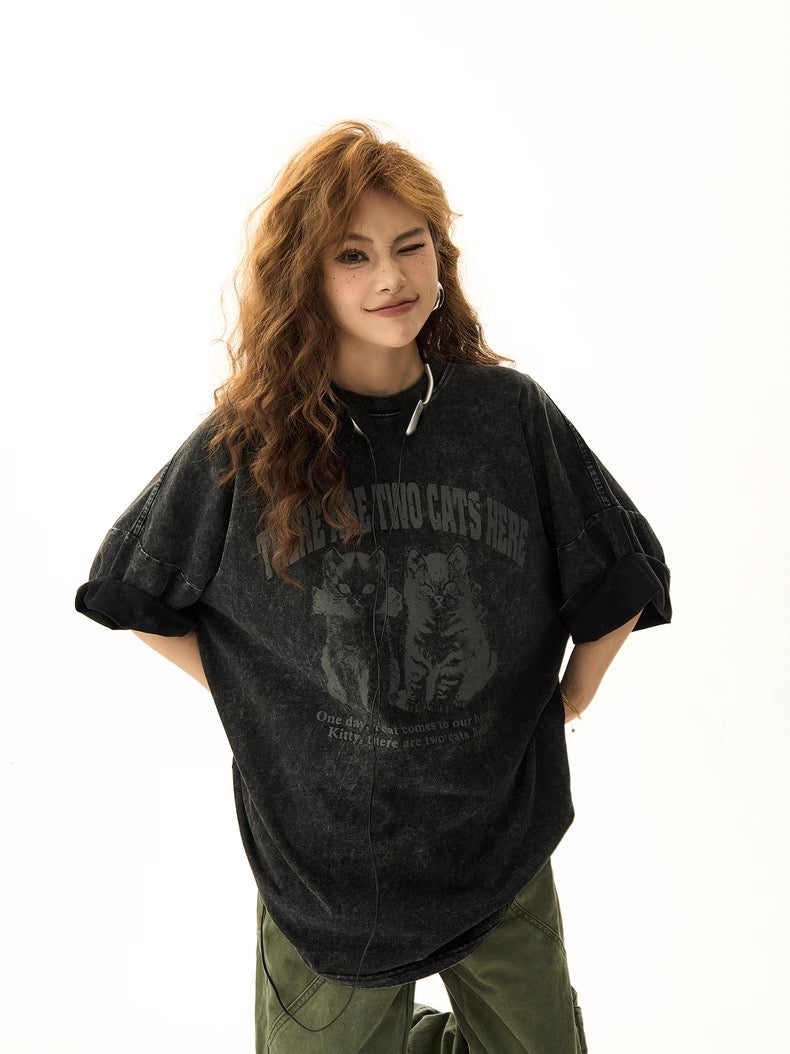 Grunge Cat Print Washed T-Shirt mry001715
