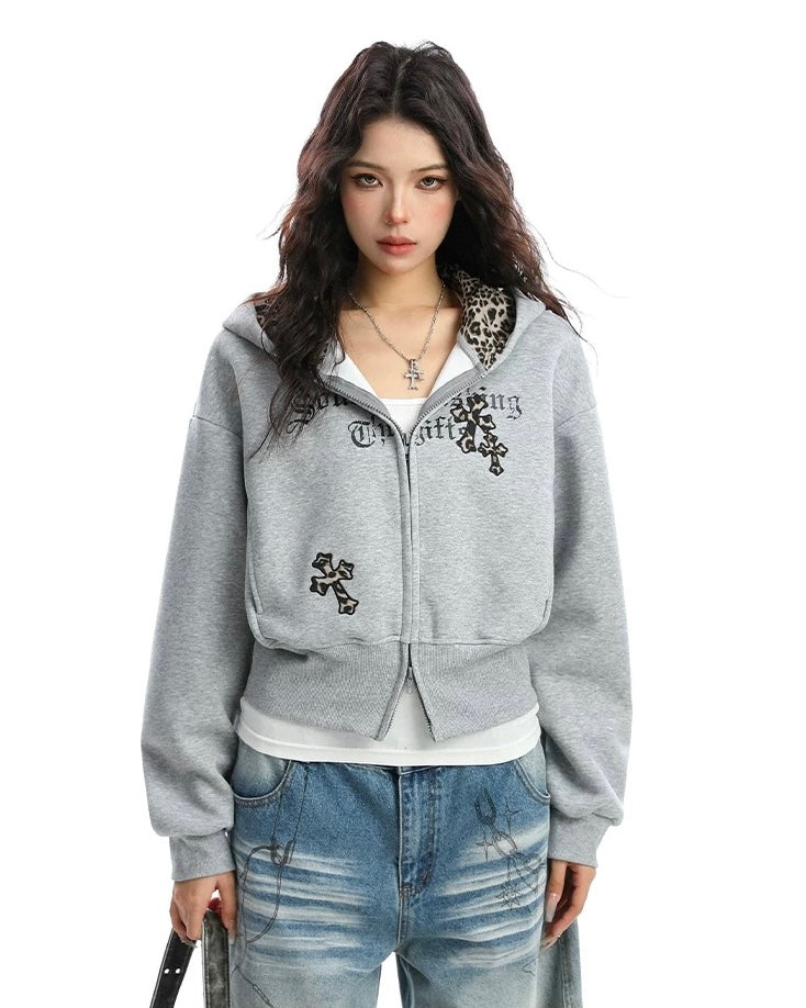 【評価★4.8以上／Tops】Leopard Lined Gothic Cross Zip Hoodie mry001904