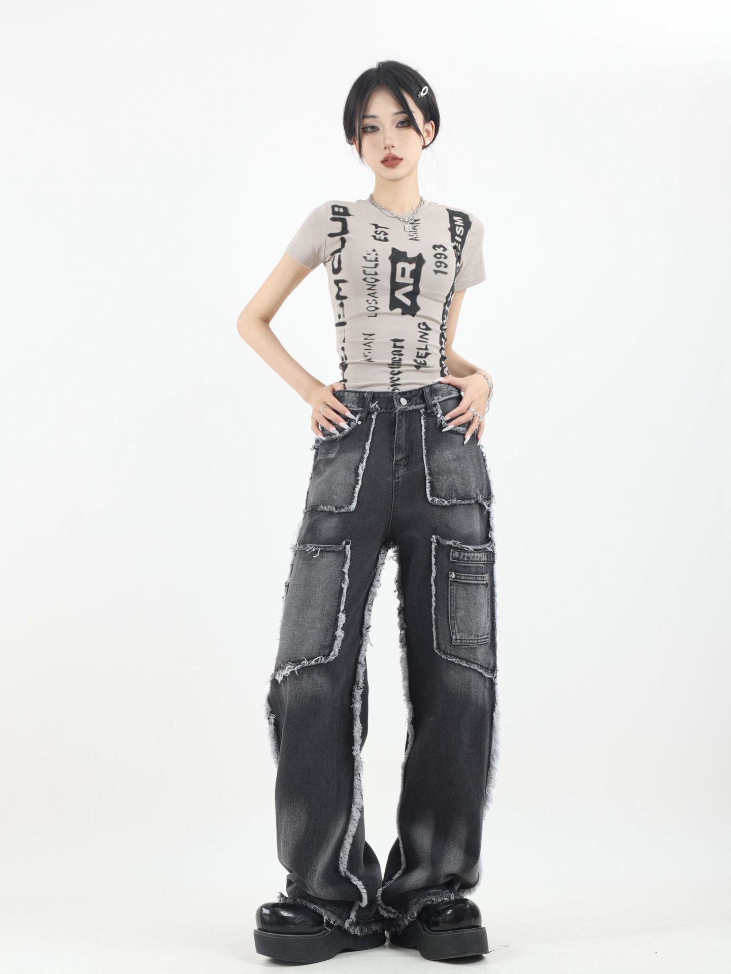 Grunge Patchwork Wide-Leg Denim Pants mry001668
