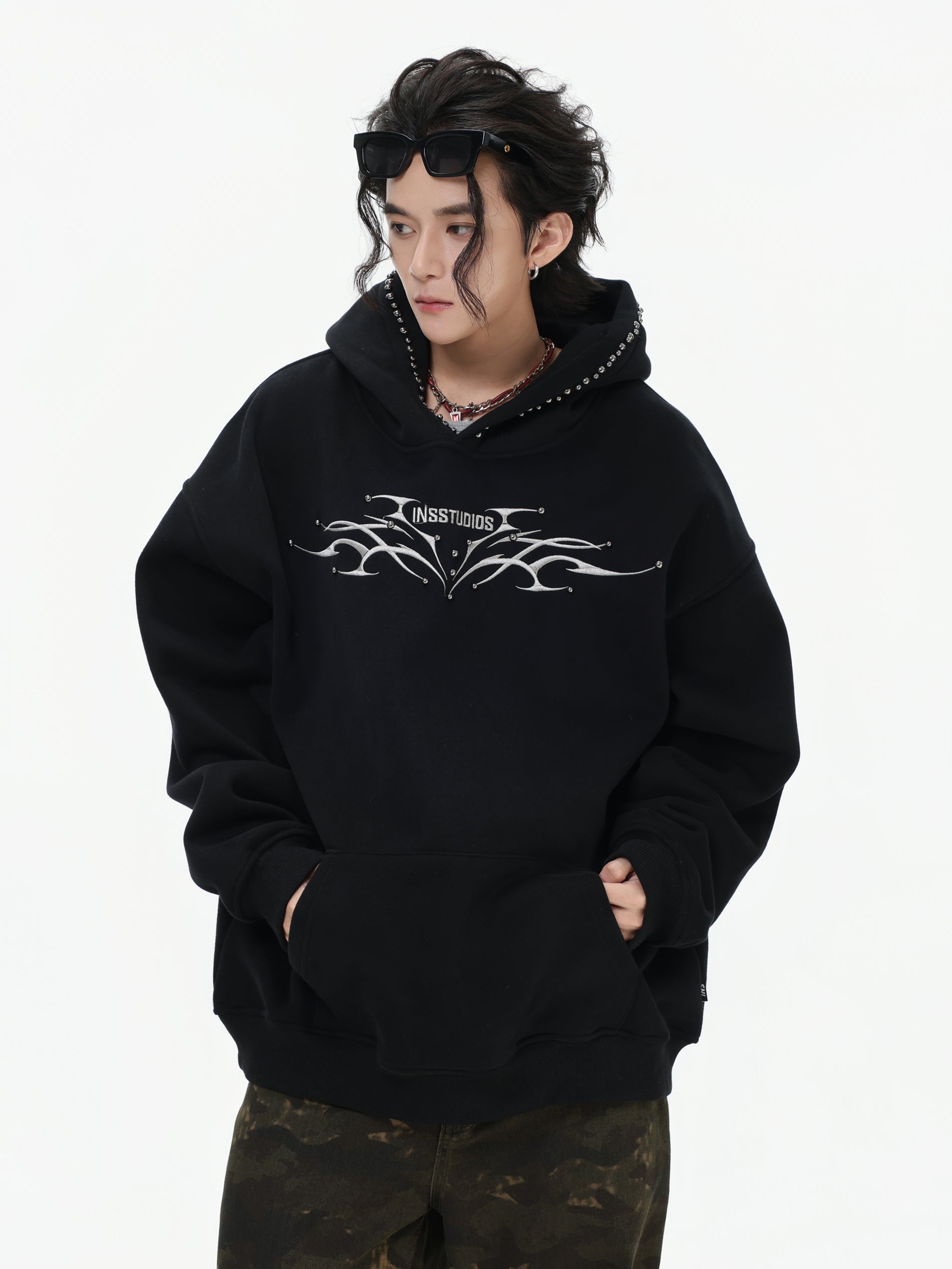 【評価★4.8以上／高品質】Tribal Studded Oversized Hoodie mry001900