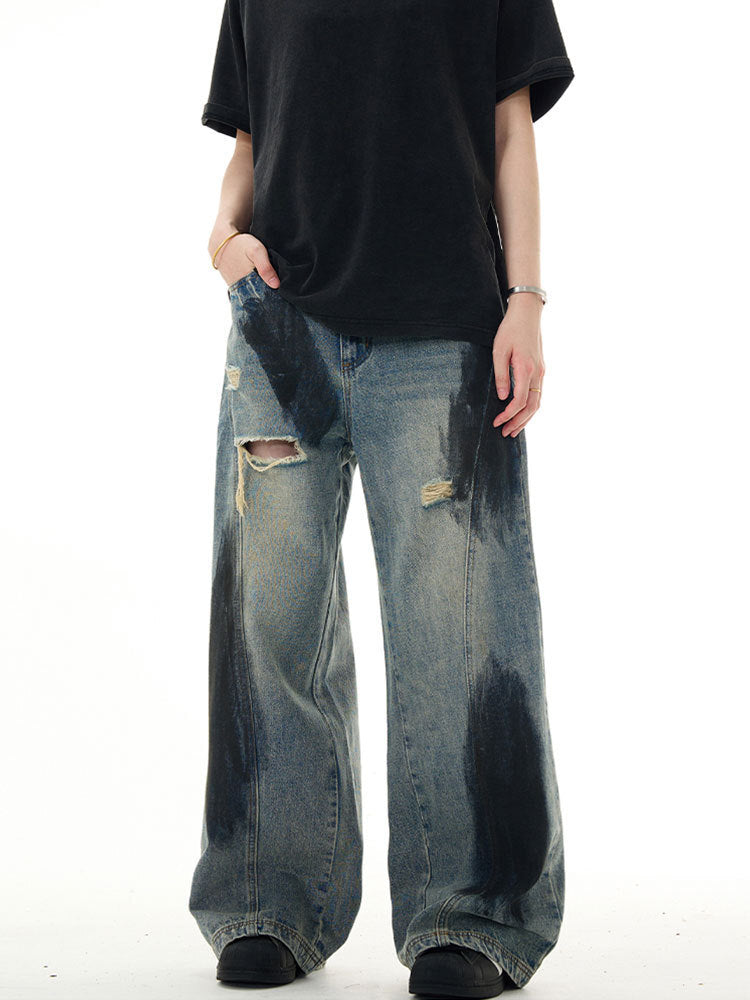 Distressed Oil-Stained Wide-Leg Denim Pants mry001654