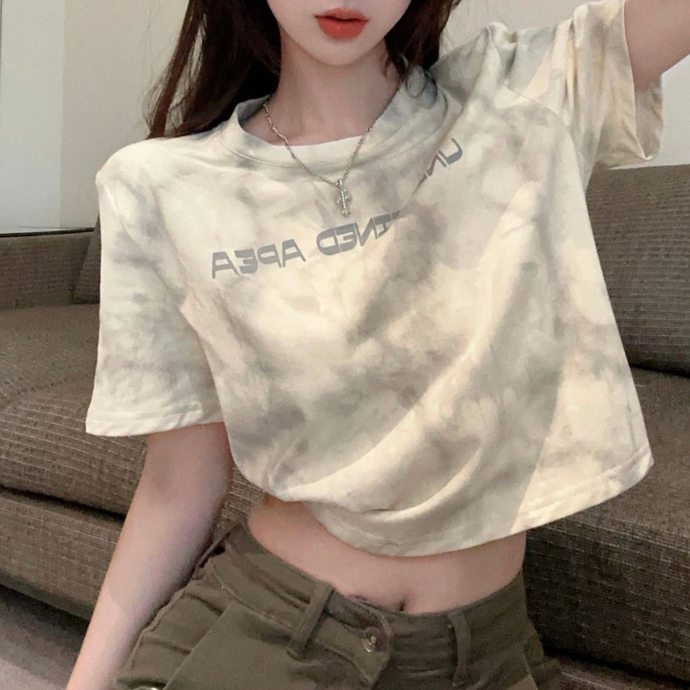 ２カラー展開 2023SS タイダイ柄 クロップド丈 レタリング 半袖 Tシャツ 韓国ストリート 韓国カジュアル　mry000840
