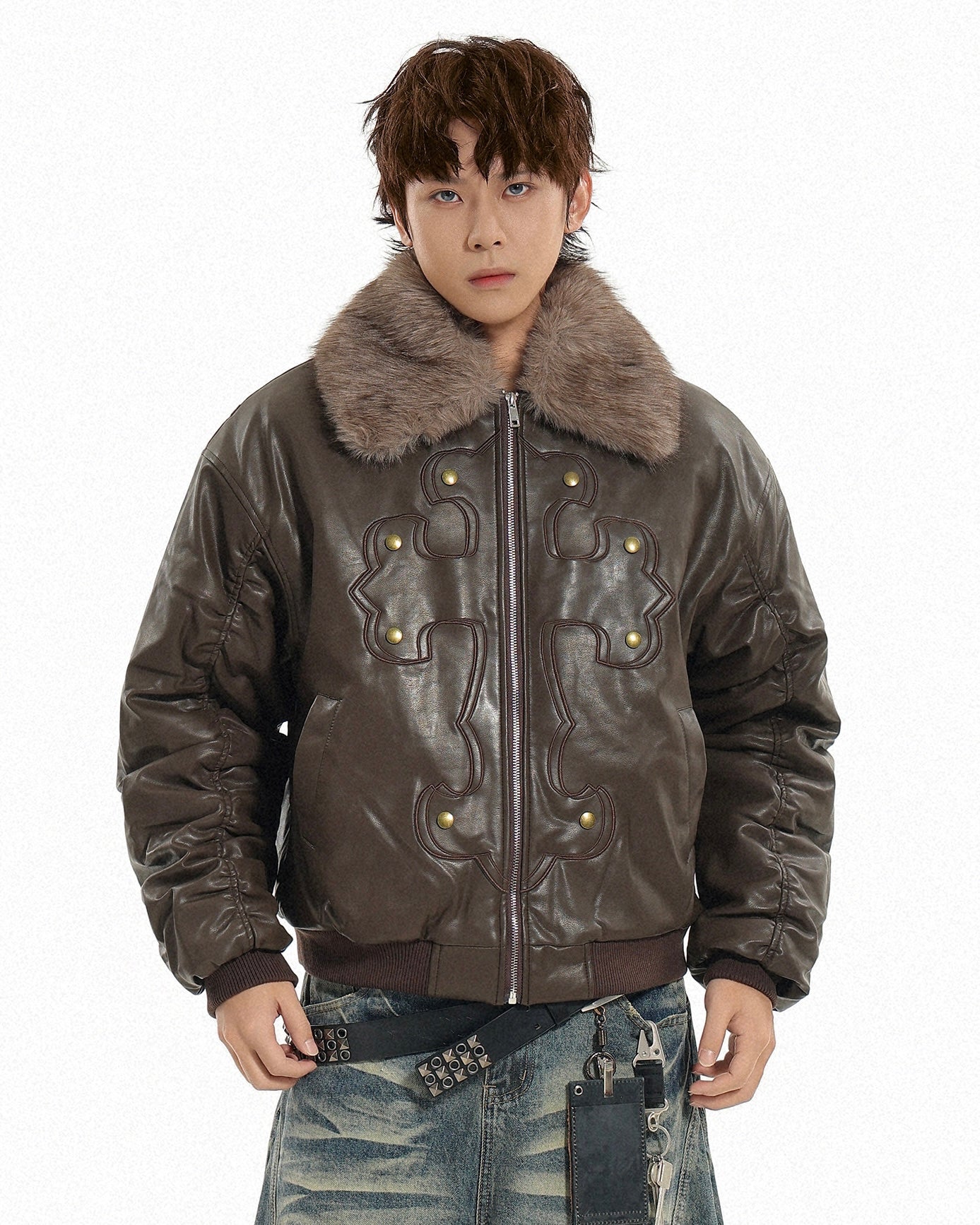 Fur Collar Cross Leather Jacket mry002018