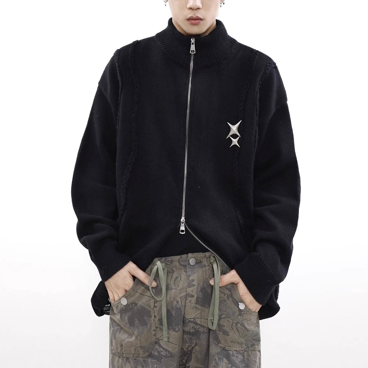 【2color】Metal Damage Zip Knit mry001597