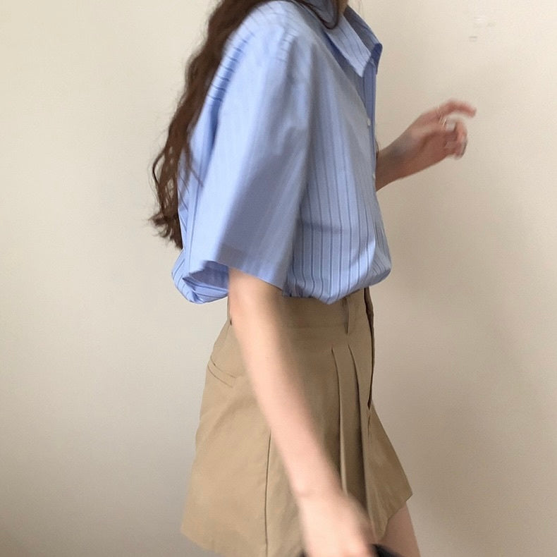 ラペル半袖　ストライプシャツ　mry000062