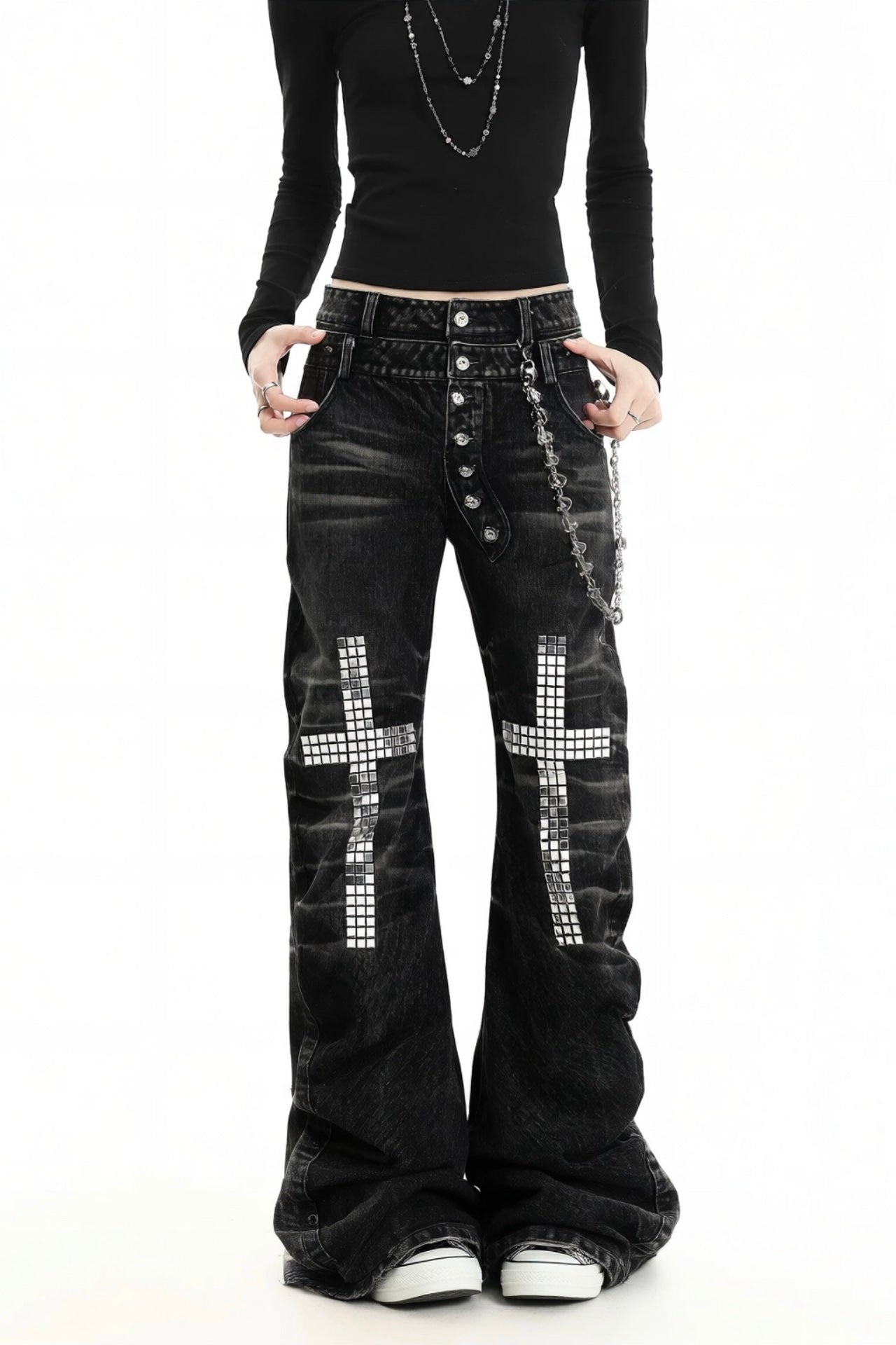 【ボトムス】クロスグラフィックフレアデニムパンツ mry002372