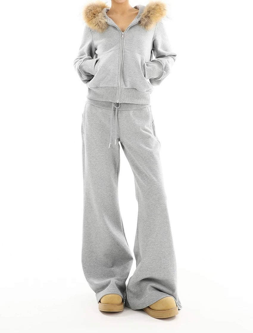 【Set-Up】Fur Hood Zip-Up & Wide-Leg Sweatpants Set-Up mry001892