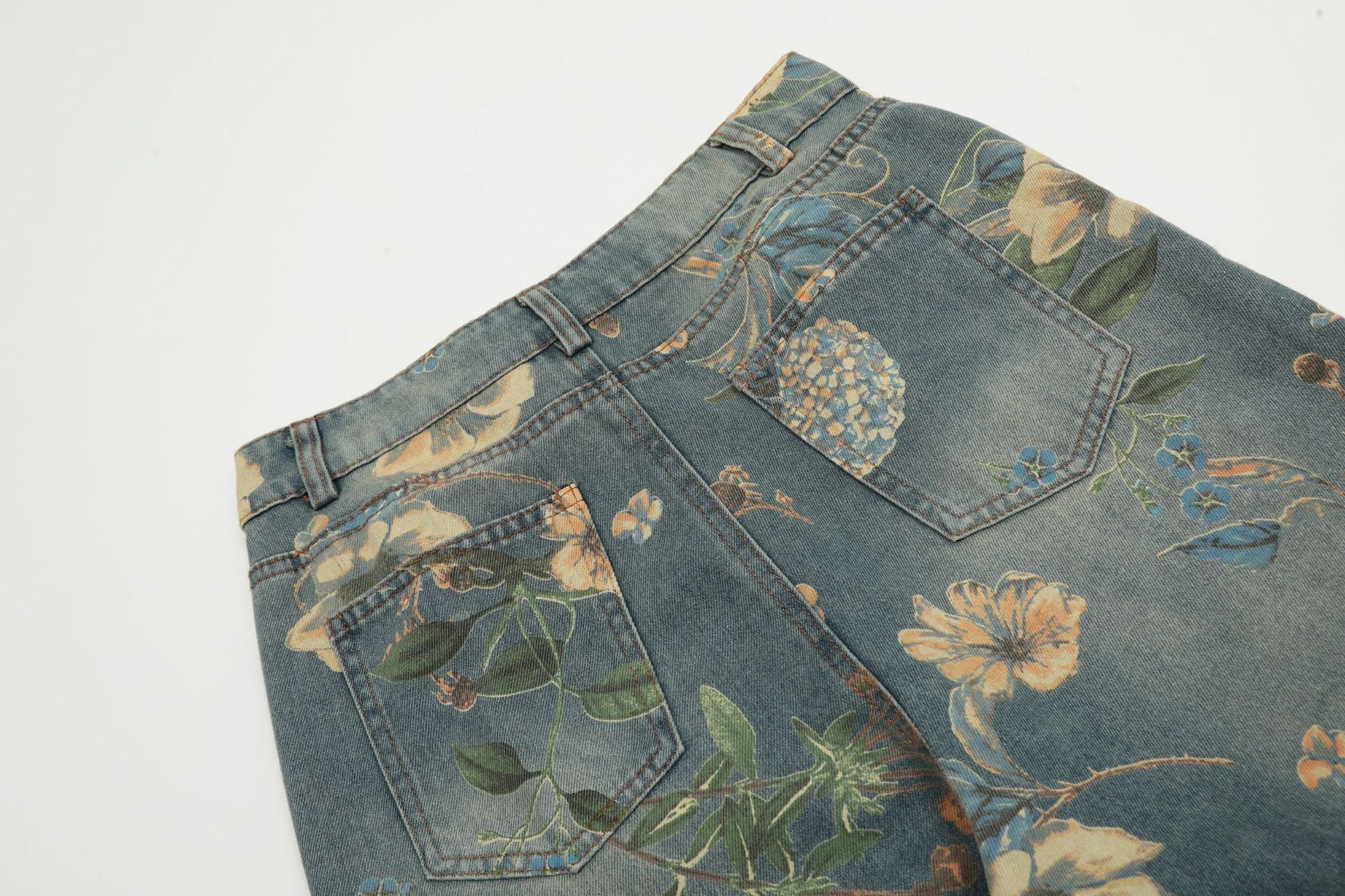 Vintage Floral Wide-Leg Denim Pants mry001734