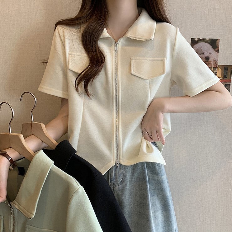 【送料無料】3カラー展開 2023SS サマー 半袖 ファスナーデザイン Tシャツ 韓国カジュアル 海外カジュアル  mry000718