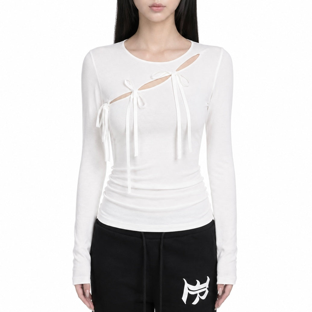 【新作】カットアウトリボン フィットTシャツ mry002714