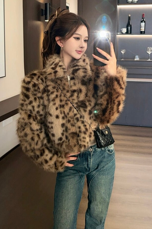 Leopard Faux Fur Zip Jacket mry002202