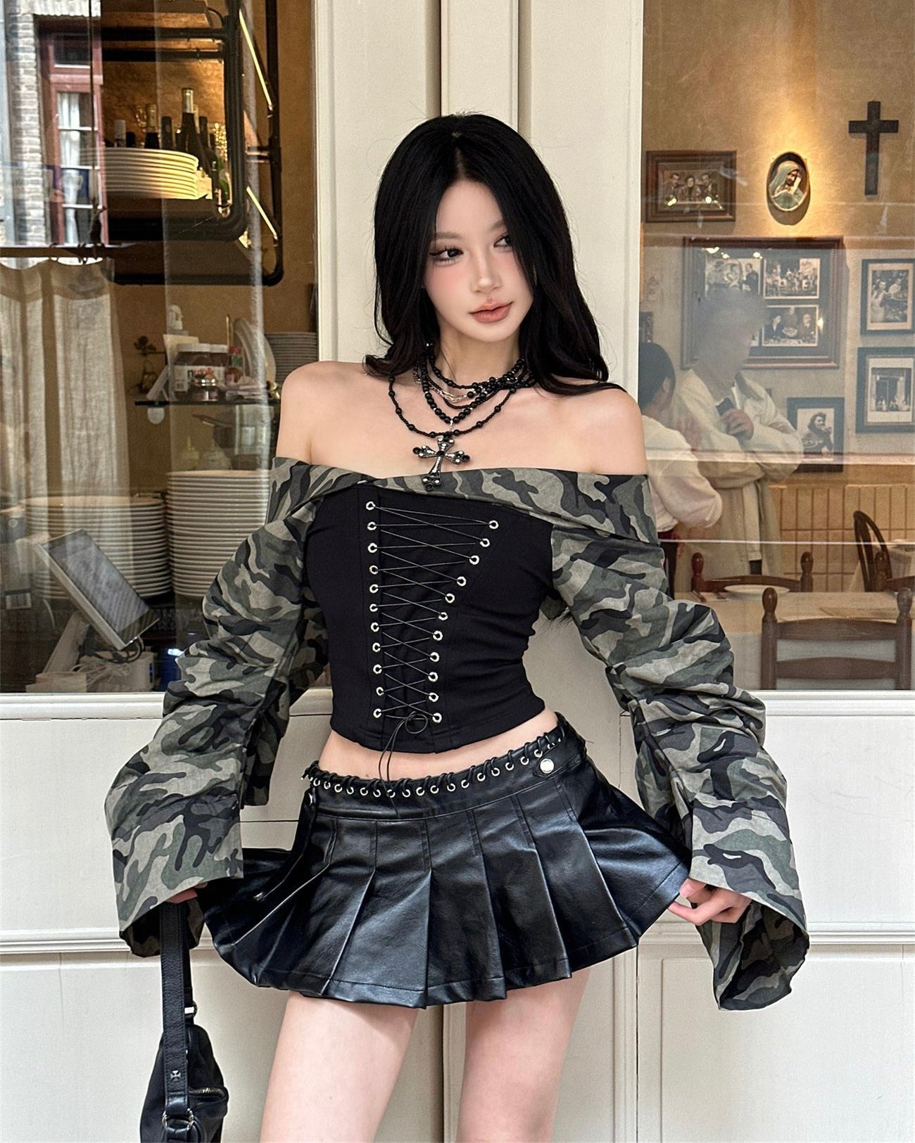 Camo Sleeve Corset Top mry001852