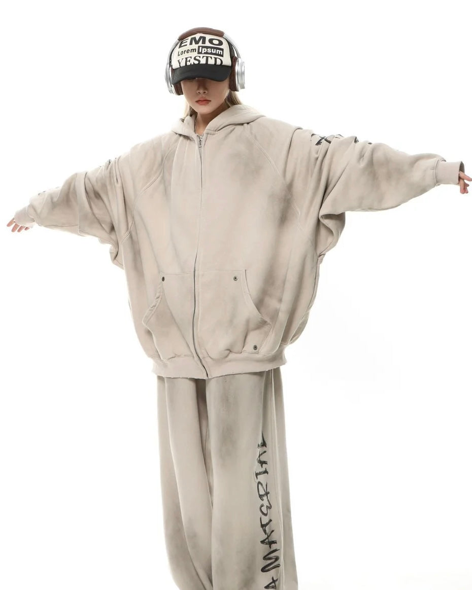 【評価★4.8以上／Tops】UNISEX DAMAGE DOLMAN ZIP HOODIE mry001907