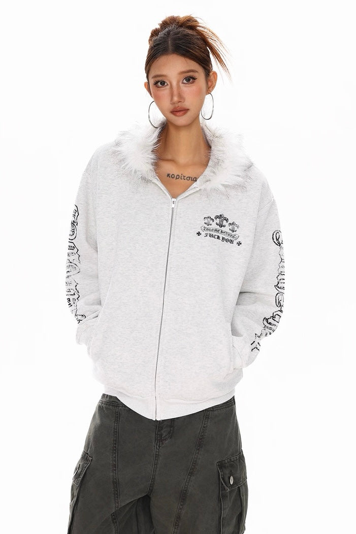 Fur Hood Gothic Zip Hoodie Jacket mry002246