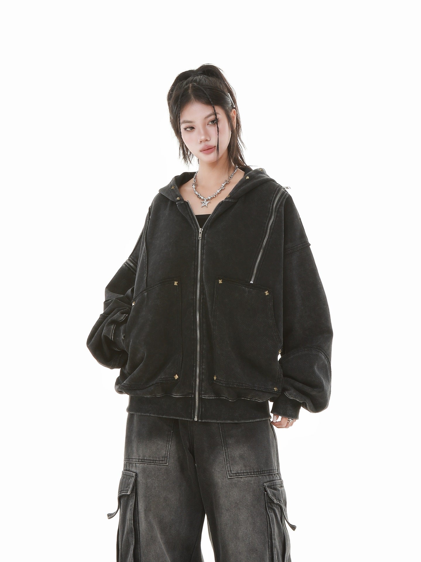 【評価★4.8以上】Vintage Washed Studded Overfit Hoodie Jacket mry001943