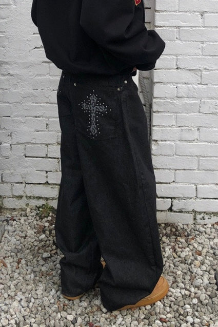 Baggy Cross Stud Wide Jeans mry002282