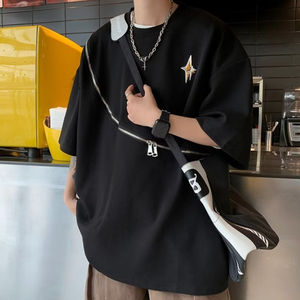 2023SS ジッパー デザイン 半袖 Tシャツ メンズ ブラック 韓国ストリート 韓国モード　mry000901