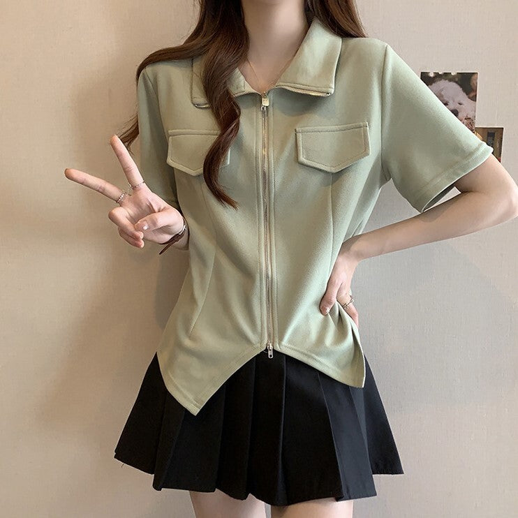 【送料無料】3カラー展開 2023SS サマー 半袖 ファスナーデザイン Tシャツ 韓国カジュアル 海外カジュアル  mry000718