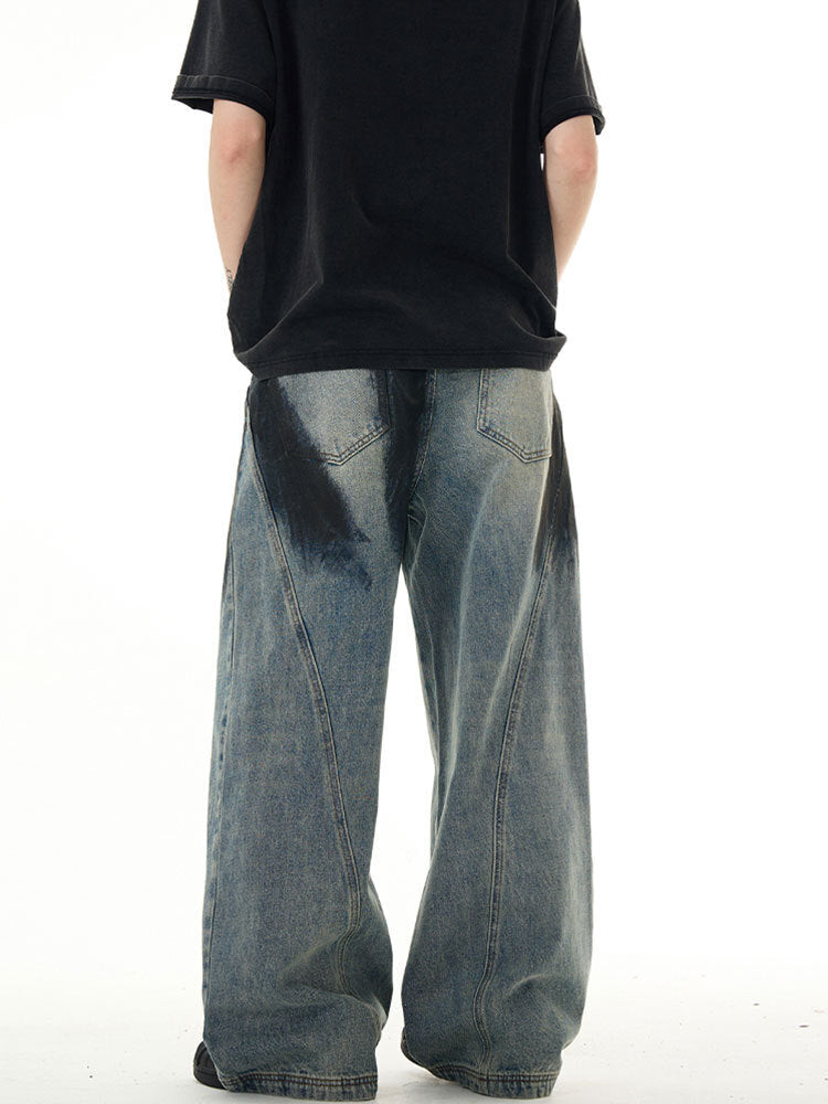 Distressed Oil-Stained Wide-Leg Denim Pants mry001654