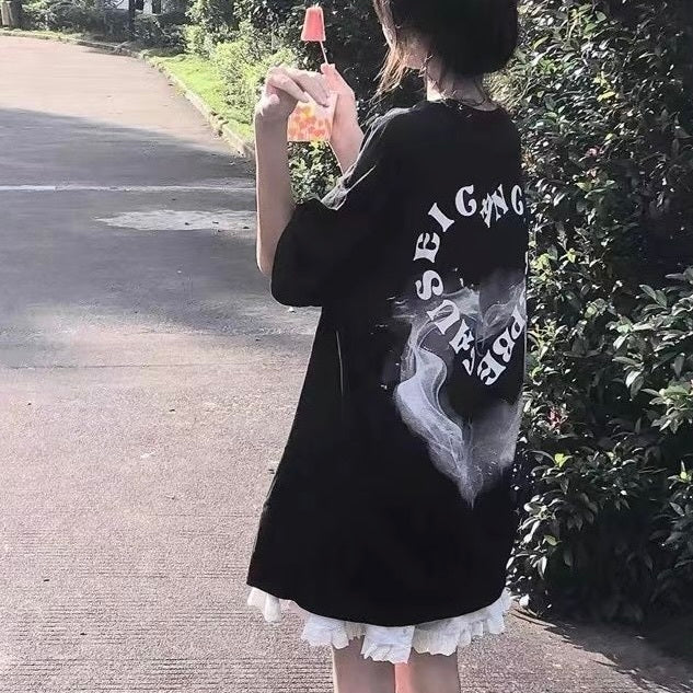 2023SS ハート グラフィック プリント ルーズ 半袖 Tシャツ 韓国ストリート 韓国カジュアル　mry000837