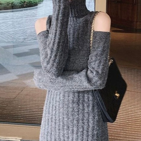 肩開き　ニットワンピース　タートルネック　mry000413