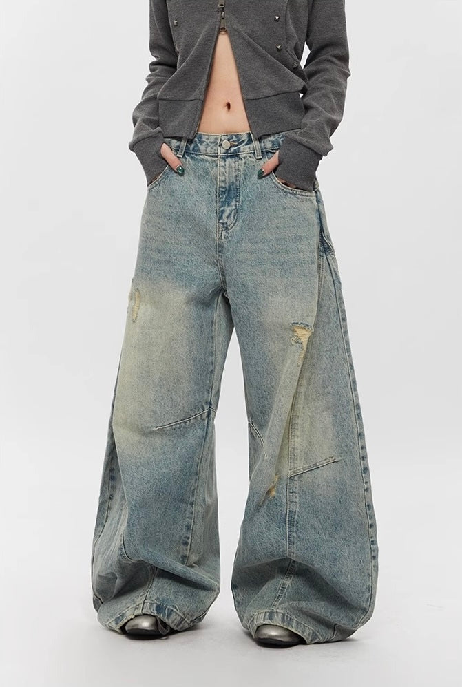 Vintage Wide-Leg Distressed Baggy Denim Pants mry001629
