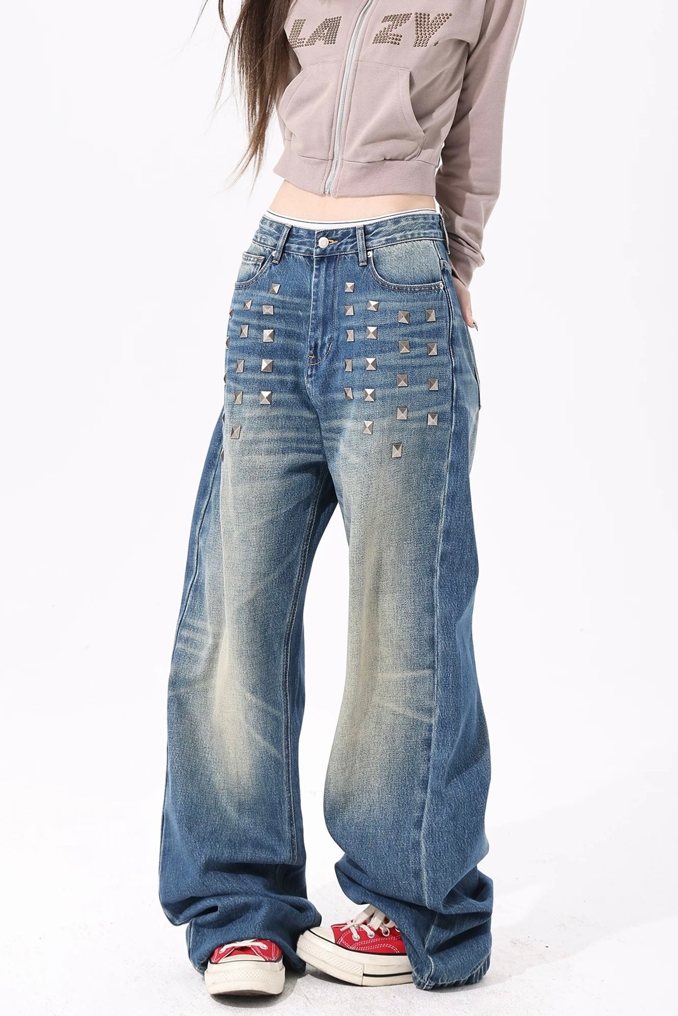 Studded Wide-Leg Denim Pants mry002244