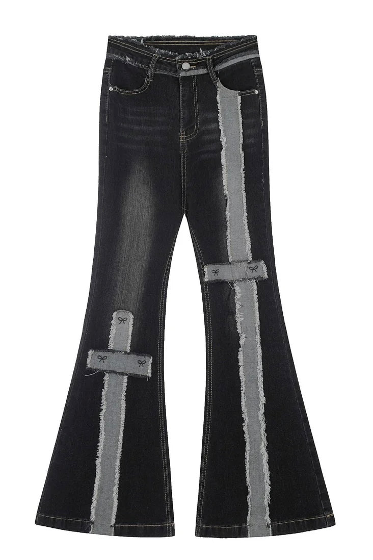 Ribbon Strap Panel Flare Denim Pants mry001667