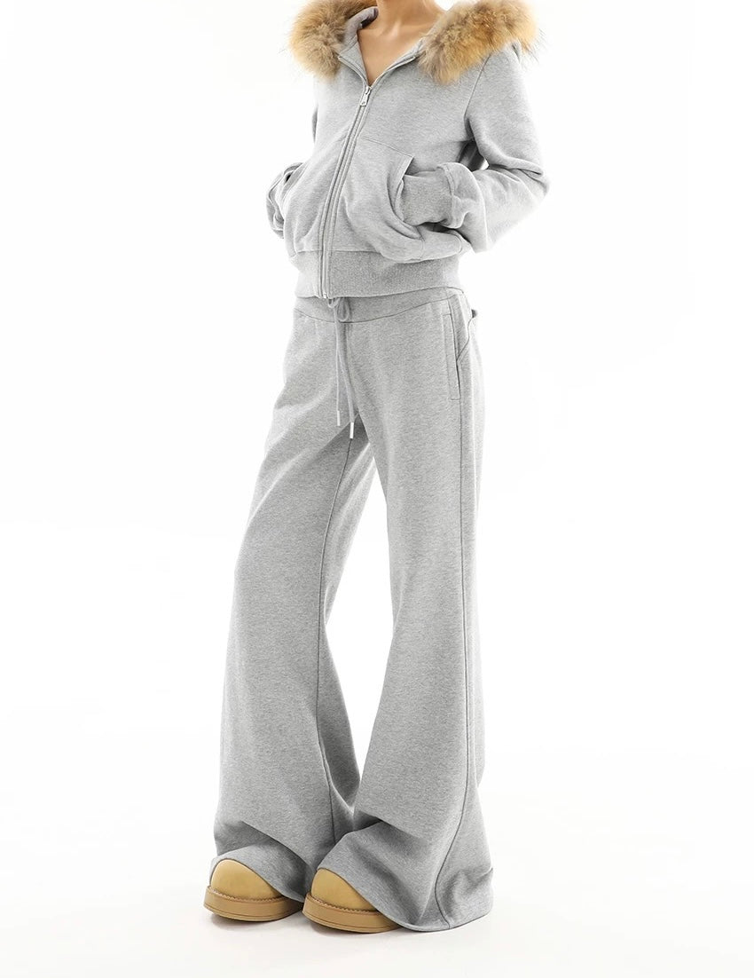 【Set-Up】Fur Hood Zip-Up & Wide-Leg Sweatpants Set-Up mry001892