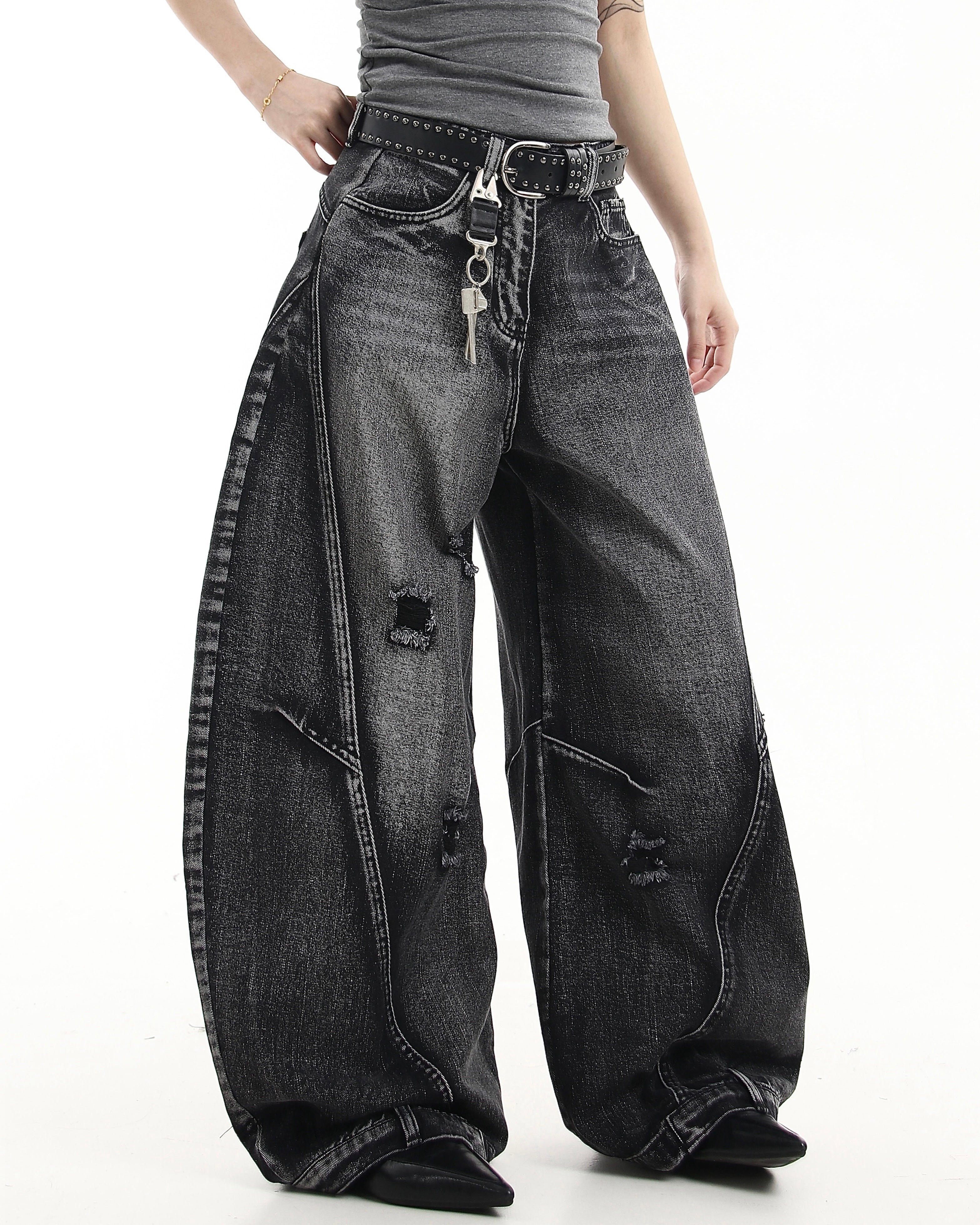 【COVER:FIT】 Vintage Washed Distressed Wide-Leg Denim Pants mry001868