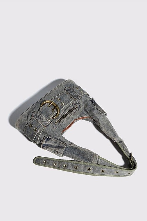 Washed Denim Belt Shoulder Bag mry002256