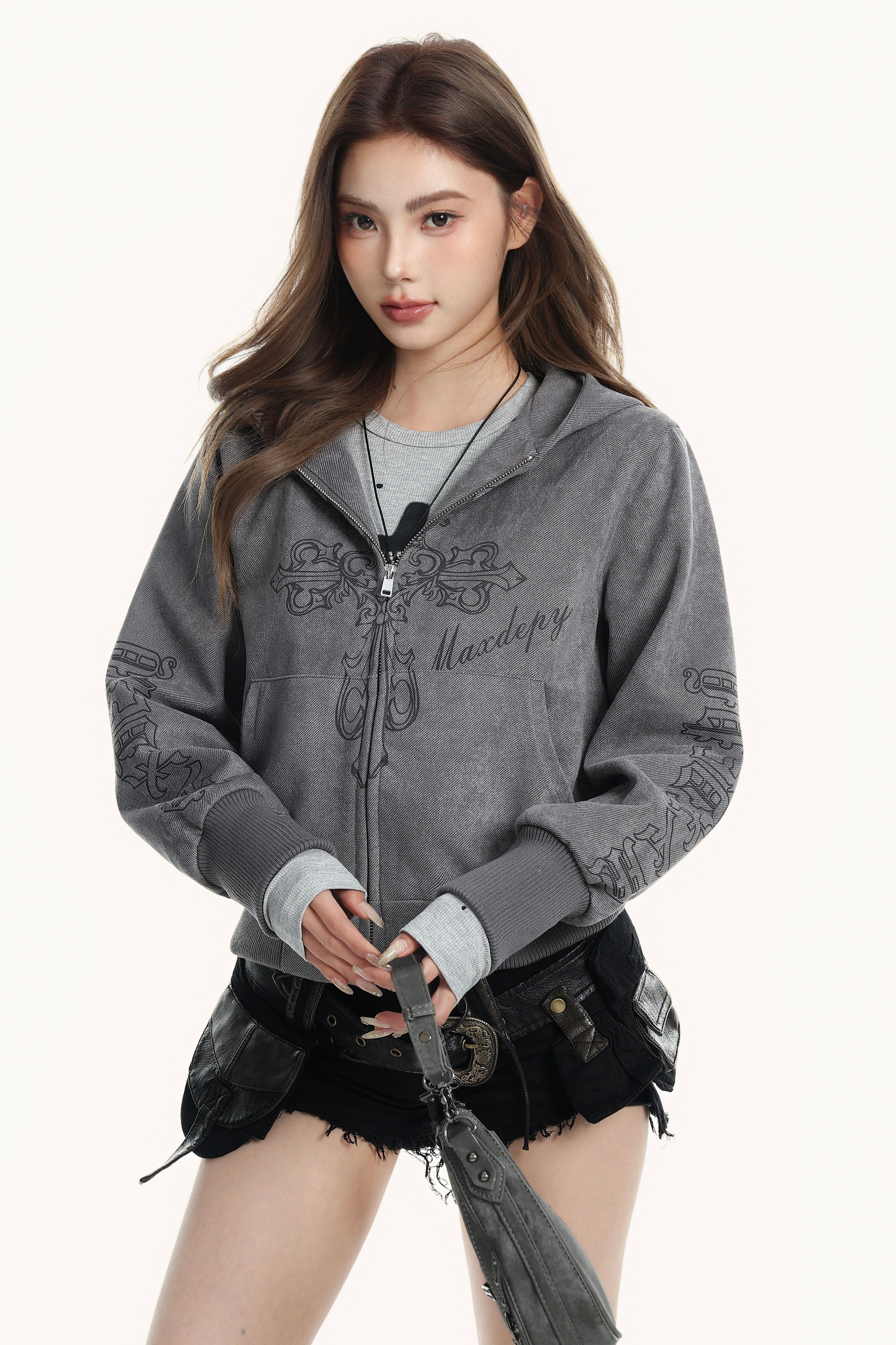 Washed Graphic Zip-Up Hoodie mry002153