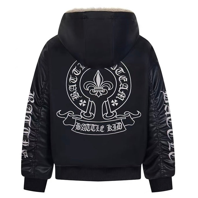 Fur Hood Graphic Leather Jacket mry001992