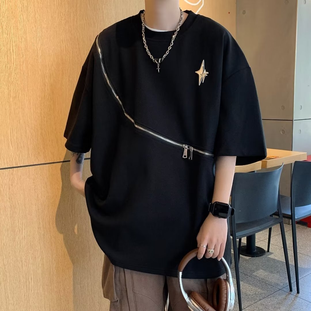 2023SS ジッパー デザイン 半袖 Tシャツ メンズ ブラック 韓国ストリート 韓国モード　mry000901